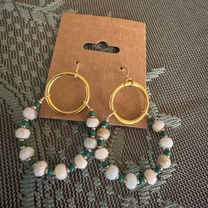 Handmade Elegant Gold and Green Beaded Hoop Earrings